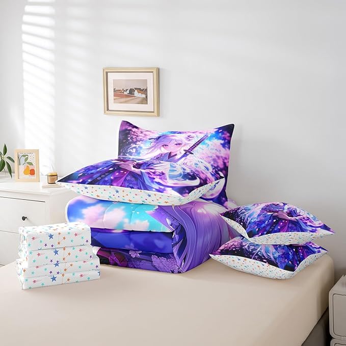 Erosebridal 7 Piece Anime Girl Queen Comforter Sets for Kids, Kawaii Japanese Anime Bedding Set Cartoon Girl Bed in A Bag Sci Fi Style Japanese Animation Sheet Set for Kids Girls Teens Bedroom