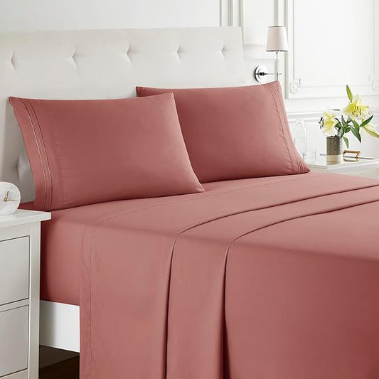Clara Clark Bed Sheets, Premier 1800 Series Bed Sheet Set, Deep Pocket, Wrinkle, Fade, Stain Resistant, Luxury Soft Bedding Sheets & Pillowcases, Queen, Pink Clay