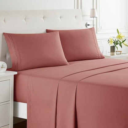 Clara Clark Full XL Bed Sheet Set - Wrinkle, Fade, Stain Resistant, Deep Pocket Sheets - Luxury Soft Bedding Sheets & Pillowcases, Full XL Pink Clay