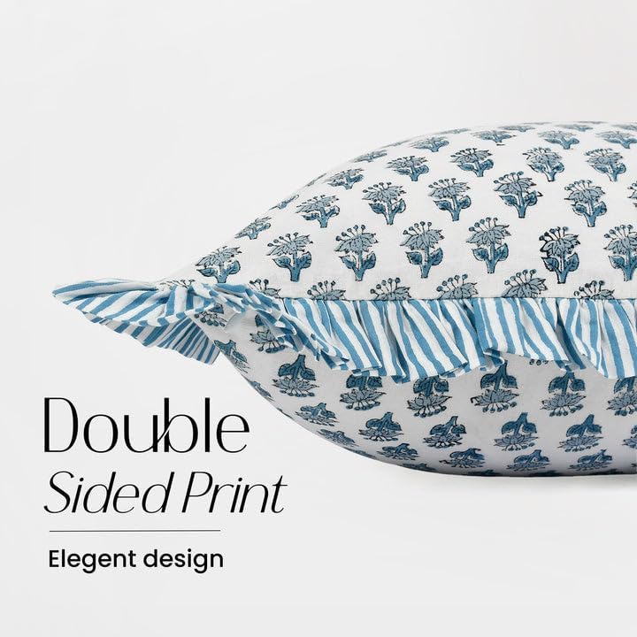 CPC Block Print Apatite Blue Ruffle Cotton Lumbar Pillow Cover 12x20 inch