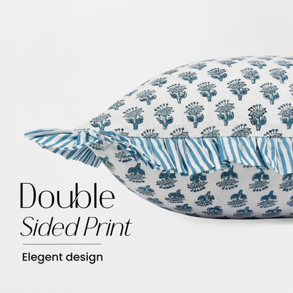 CPC Block Print Apatite Blue Ruffle Cotton Lumbar Pillow Cover 12x20 inch