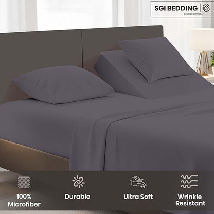 SGI bedding Adjustable Split Head Flex Top Cal King 28" Microfiber Sheet Set Ultra Soft, Cooling & Deep Pocket 15 Fitted, 4-Piece Breathable & Durable Bedding Set for Split Cal King Beds -Dark Gray