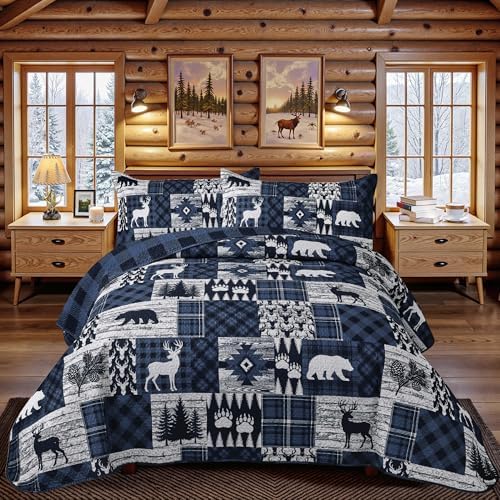 3 Piece Cabin Full/Queen Quilt Sets Farmhouse Rustic Reversible Microfiber Soft Lightweight Bedspread Comforter with 2 Shams Patchwork Country Lodge Bedding Quilts Set for All Season, 90''x96'', Blue