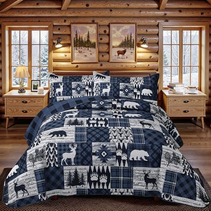 3 Piece Cabin California King Size Quilt Sets Farmhouse Rustic Reversible Microfiber Soft Lightweight Bedspread Comforter with 2 Shams Patchwork Country Lodge Bedding for All Season, 118''x106'', Blue