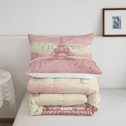 Castle Fairy Eiffel Tower Bedding Set for Boys Girls,Retro Paris Style All Season Cozy Comforter Set Full Size,Vintage Cityscape Girls Women Landmark Duvet Set Bedroom Décor,Gift for Kids
