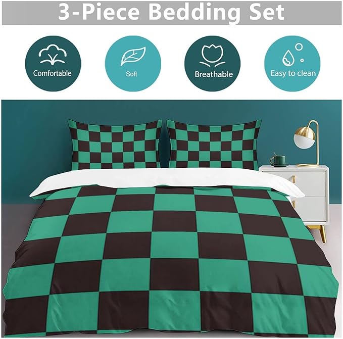 INFLAG Anime Bedding Set, 3-Piece Anime Duvet Cover Full Size Ultra Soft Breathable 3D Printed Microfiber Comforter Cover, Cartoon Quilt Cover, Teen Comforter Cover with 2 Pillowcases (Full,Green)