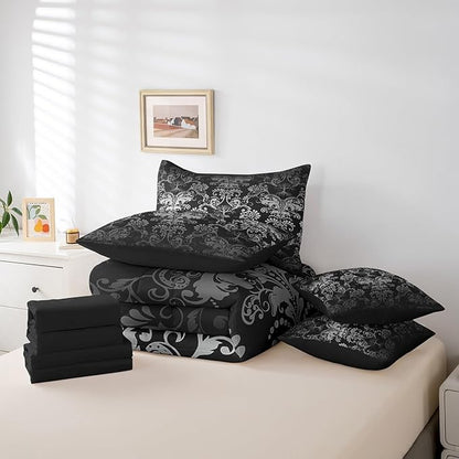 Erosebridal Gothic Damask Bed in a Bag King Size Comforter Set 7 Pieces,Sun Moon Tree of Life Bedding Sets White Black Victorian Floral Goth Sheet Set with Comforter