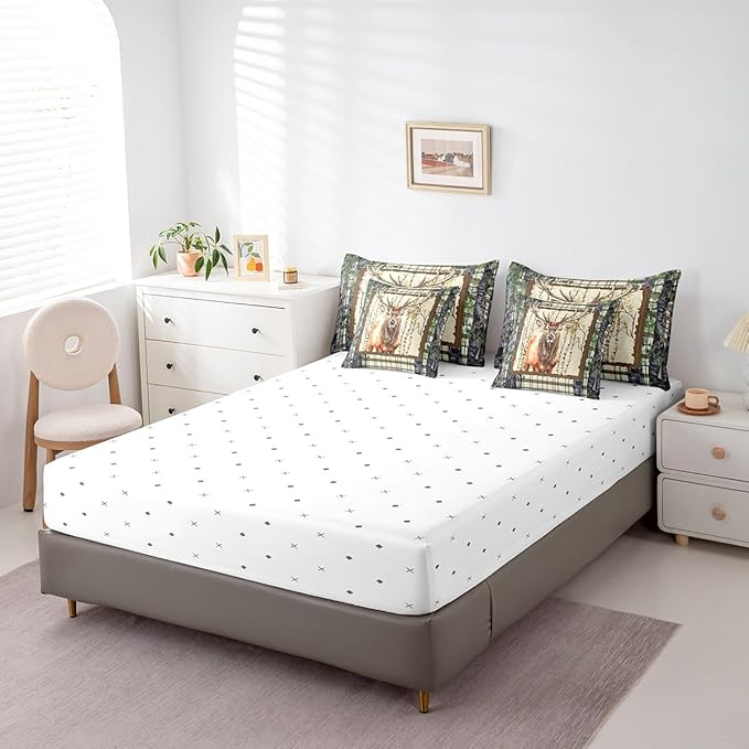 Erosebridal Elk Deer Bed in a Bag King Size Comforter Set 7 Pieces,Woodland Animals Bedding Sets Buffalo Plaid Sheet Set with Comforter