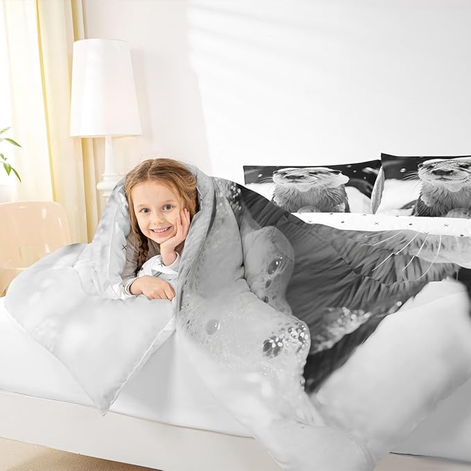 Erosebridal Marine Animal Comforter Set Full Size Sea Otter Bedding Set for Kids Boys Girls Kawaii Shower Bubbles White Beige Black Comforter Warm Soft Quilt Insert