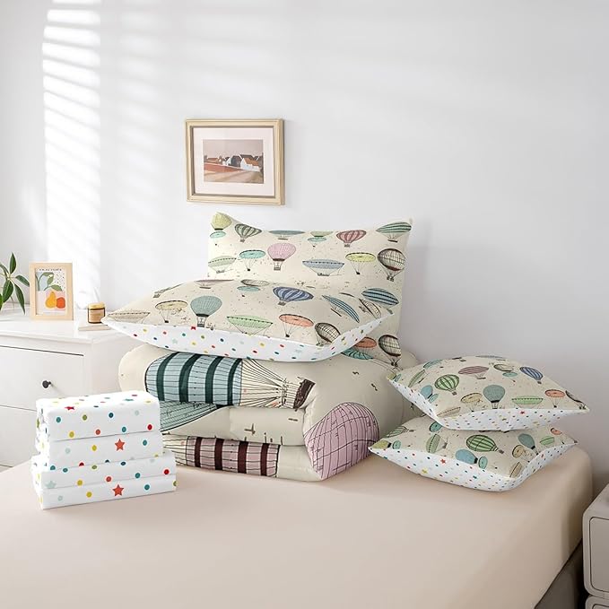 7 Pieces King Size Colorful Hot Air Balloon Comforter Set,Modern Sketch Bedding Set for Kids Room Decor,Retro Geometric Lines (Comforter+Fitted+Flat Sheet+2 Pillowcases+2 Throw Pillow Covers）