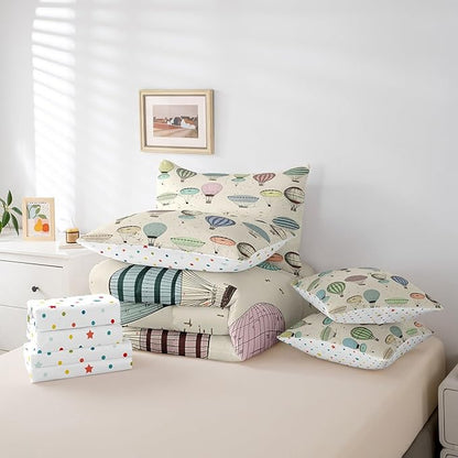 7 Pieces King Size Colorful Hot Air Balloon Comforter Set,Modern Sketch Bedding Set for Kids Room Decor,Retro Geometric Lines (Comforter+Fitted+Flat Sheet+2 Pillowcases+2 Throw Pillow Covers）