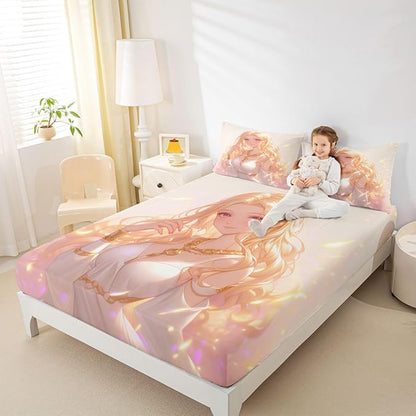 Erosebridal Kawaii Girly Fitted Sheet 3D Anime Gifts Bed Sheets, Japanese Girl Bedding Set for Kids Girls 3 Piece Lady Women Aesthetic Princess Sheets Queen, 1 Fitted Sheet 2 Pillowcases