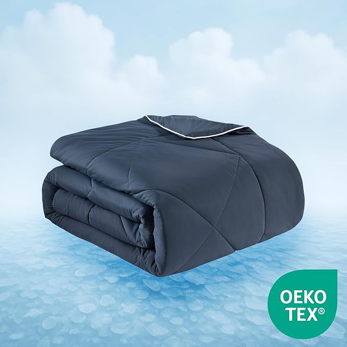 Oversized Cooling Comforter Full/Queen – Reversible Diamond-Quilted Comforter Shell with Elegant Trim – Lightweight Breathable Blanket for Hot Sleepers, Night Sweats & All-Season Comfort, Navy Blue
