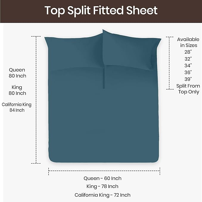 SGI bedding Adjustable Split Head Flex Top Cal King 28" Microfiber Sheet Set – Ultra Soft, Cooling & Deep Pocket 15” Fitted, 4-Piece Breathable & Durable Bedding Set for Split Cal King Beds -Teal