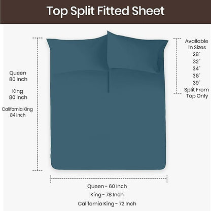 SGI bedding Adjustable Split Head Flex Top Cal King 28" Microfiber Sheet Set – Ultra Soft, Cooling & Deep Pocket 15” Fitted, 4-Piece Breathable & Durable Bedding Set for Split Cal King Beds -Teal