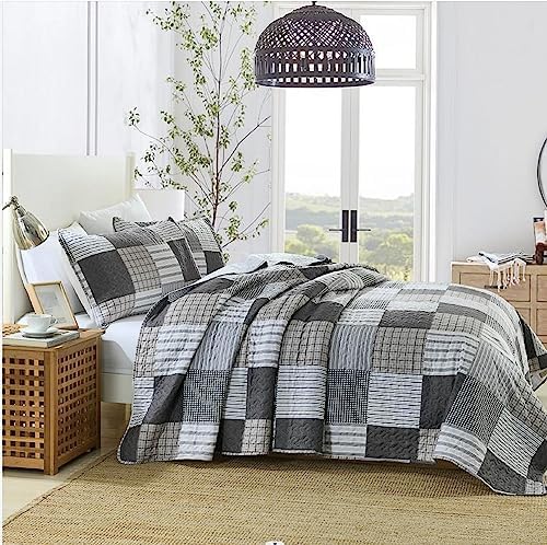 HIARUO Quilt Set Queen Size, 3 Pieces Bedspread Coverlet Plaid Patchwork Quilt Farmhouse Queen Size Comforter Set Lightweight Bedding with 2 Pillow Covers Shams for All Season Gray Brown White