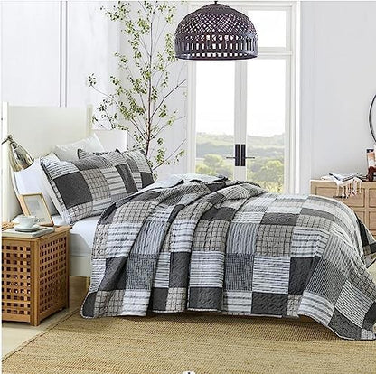 HIARUO Quilt Set Queen Size, 3 Pieces Bedspread Coverlet Plaid Patchwork Quilt Farmhouse Queen Size Comforter Set Lightweight Bedding with 2 Pillow Covers Shams for All Season Gray Brown White