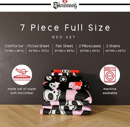 Skelanimals Bedding 7 Piece Full Bed Set, Soft Checkered Comforter and Sheet Set with Sham, Kit The Cat, (Officially Licensed Product) by Franco Collectibles