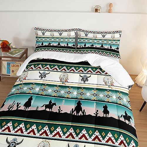 HOSIMA Western Bedding Comforter Sets,Longhorn Skull Dream Catcher Boho Comforter Set King Size for Adults Kids Cowboy Western Decor,Geometric Multicolor Teal Comforter King Size.