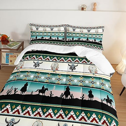 HOSIMA Western Bedding Comforter Sets,Longhorn Skull Dream Catcher Boho Comforter Set King Size for Adults Kids Cowboy Western Decor,Geometric Multicolor Teal Comforter King Size.
