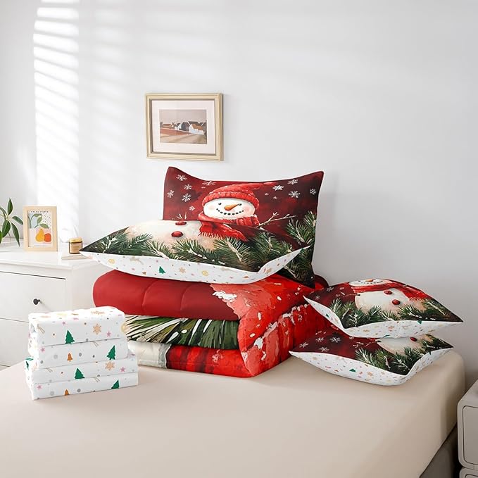 Castle Fairy Snowman with Red Scarf 7 Pieces Bedding Set Queen Bed in a Bag,Rustic Pine Leaves Botanical Plants Comforter Set,Geometric Snowflakes Red Tie Dyed Soft Warm Microfiber Bedding