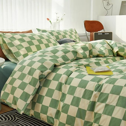 CLOTHKNOW Green White Plaid Comforter Set California King Grid Bedding Comforter Sets Checker Comforter with 2 x Pillow Cases