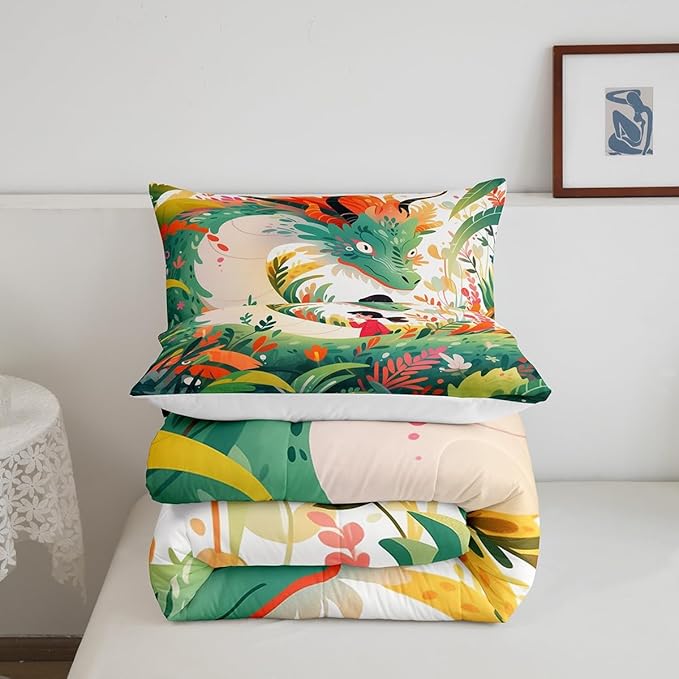 Dragon Cute Girl Comforter Set King Size,Cartoon Floral Green Weed Bedding Set for Kids Boys Teens Room Decor,Colorful Flower Animals Duvet Insert 3Pcs,Watercolor Fantasy Quilt Set,2 Pillowcases