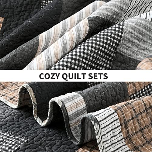 PERHOM Quilt King Size - 100% Cotton Lightweight Bedspread - Gray Brown Black White Plaid Patchwork Soft Reversible Quilt King Size for Bed Set All Season, 3 Pieces