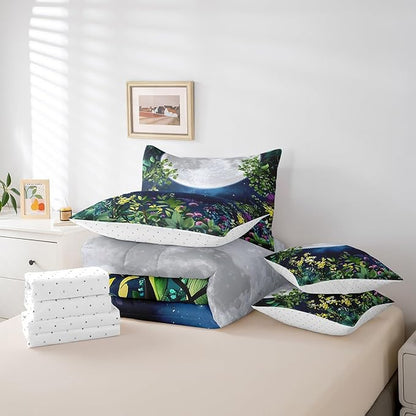 Erosebridal Botanical Comforter Set 7 Piece Bed in a Bag Twin,Jungle Plant Leaves Galaxy Bedding Sets Stars and Moon Sheet Set with Comforter