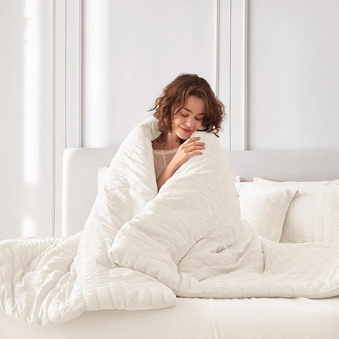 MUXHOMO 7 Pieces California King Comforter Set, Seersucker Bed in a Bag Cal King Size, All Season Luxury Bedding Set with Comforter, Flat Sheet, Fitted Sheet, Pillowcases & Shams, Ivory
