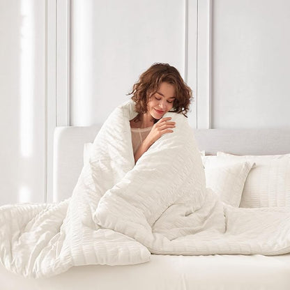 MUXHOMO 7 Pieces Full Comforter Set, Seersucker Bed in a Bag Full Size, All Season Luxury Bedding Set with Comforter, Flat Sheet, Fitted Sheet, Pillowcases & Shams, Ivory