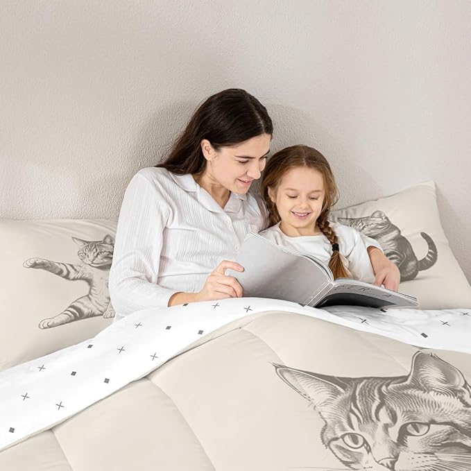 Erosebridal Cat Comforter Set King Size Sketch Animal Bedding Set for Kids Boys Girls Kawaii Kitten 3D Cute Beige Black Comforter Warm Soft Quilt Insert