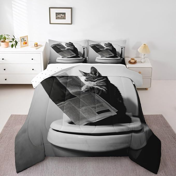 Erosebridal Cat Quilt Insert Queen Size Kawaii Kitten Bedding Set for Kids Boys Girls Newspaper Reading Cute 3D Black Grey White Comforter Warm Soft Comforter Set