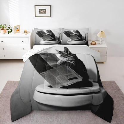 Erosebridal Cat Quilt Insert Queen Size Kawaii Kitten Bedding Set for Kids Boys Girls Newspaper Reading Cute 3D Black Grey White Comforter Warm Soft Comforter Set