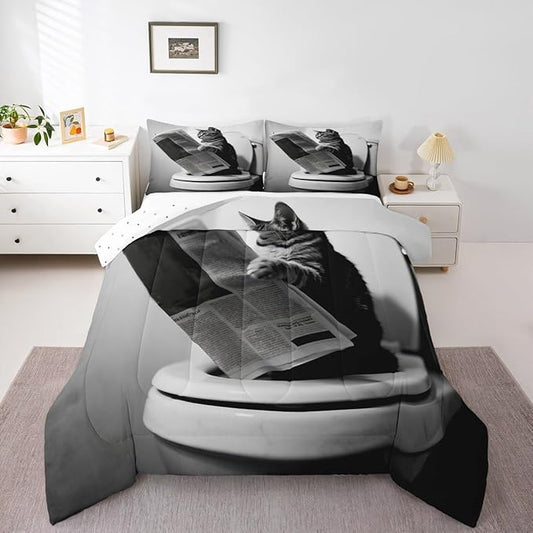 Erosebridal Cat Quilt Insert Toddler Size Kawaii Kitten Bedding Set for Kids Boys Girls Newspaper Reading Cute 3D Black Grey White Comforter Warm Soft Comforter Set