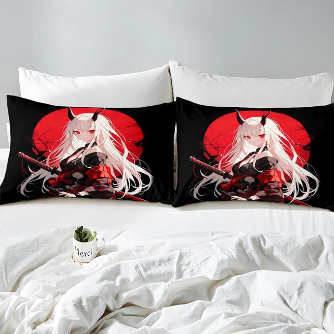 Erosebridal Twin Japanese Anime Bedding Set for Kids, Anime Girl Bed Sheets Kawaii Japanese Style Fitted Sheet Cartoon Japan Animation Bed Set for Boys Teen Adult Women Bedroom,Red Black