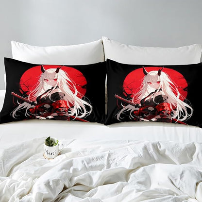 Erosebridal Twin Japanese Anime Bedding Set for Kids, Anime Girl Bed Sheets Kawaii Japanese Style Fitted Sheet Cartoon Japan Animation Bed Set for Boys Teen Adult Women Bedroom,Red Black
