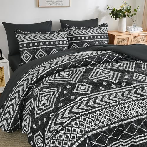 Yiran King Size Comforter Set, 7 Pieces Boho Bed in a Bag, Black Bedding Set for All Seasons, Lightweight Comforter Bed Set with Sheets, Pillowcases & Shams