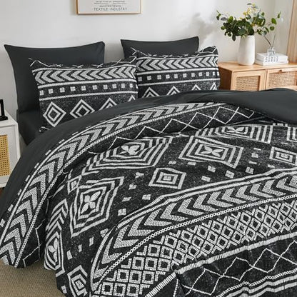 Yiran King Size Comforter Set, 7 Pieces Boho Bed in a Bag, Black Bedding Set for All Seasons, Lightweight Comforter Bed Set with Sheets, Pillowcases & Shams