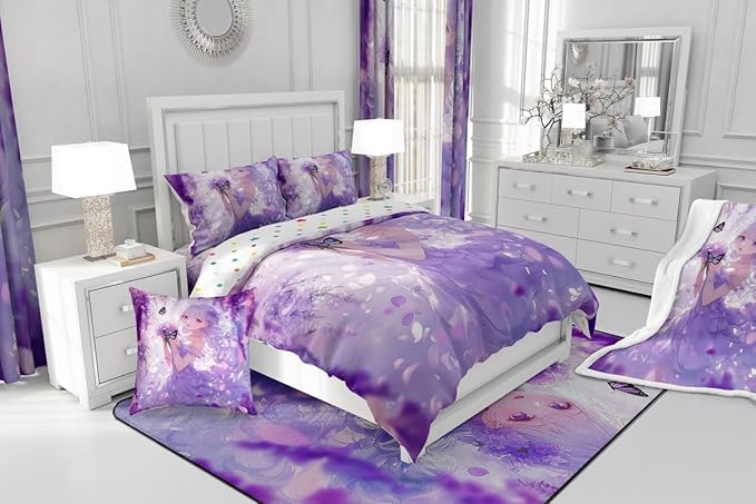 Erosebridal Cute Kawaii Anime Girl Bedding Set Japanese Style Anime Kids Down Comforter Cartoon Print Queen Comforter Set Purple Romantic Flower Butterfly Bed Set 2 Pillow Cases