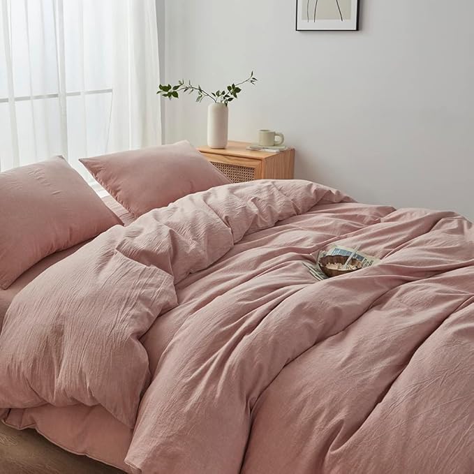 FACE TWO FACE Bedding Duvet Cover Set100% Washed Cotton Duvet Cover Linen Like Textured Breathable Durable Soft Comfy (Twin, Old Pink)