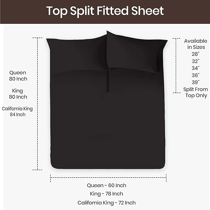 SGI bedding Adjustable Split Head Flex Top Queen 36" Microfiber Sheet Set – Ultra Soft, Cooling & Deep Pocket 15” Fitted, 4-Piece Breathable & Durable Bedding Set for Split Queen Beds -Black