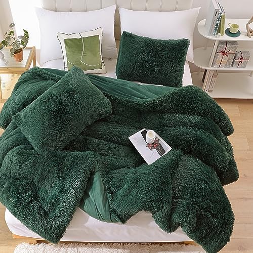 Smoofy Fluffy Queen Comforter Set, Dark Green Faux Fur Comforter Set 3 Pcs