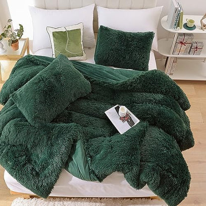 Smoofy Fluffy Queen Comforter Set, Dark Green Faux Fur Comforter Set 3 Pcs