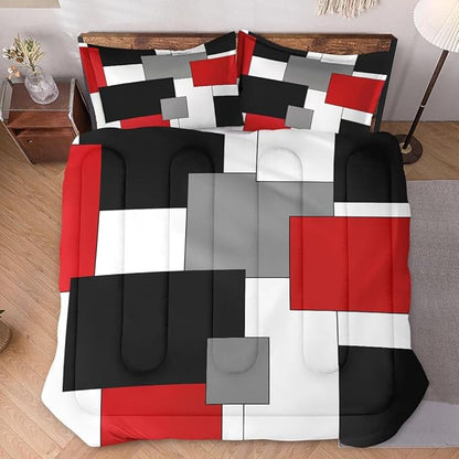 Queen Size Comforter Set with 2 Pillowcases, Black White Red Geometric Soft 3 Pcs Bedding for Kids and Adults Bedroom Bed Decor