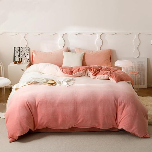 CLOTHKNOW Pink White Velvet Queen Comforter Set Gradient Pink Bedding Comforter Sets Soft Warm Comforter with 2 x Pillow Cases | Soft