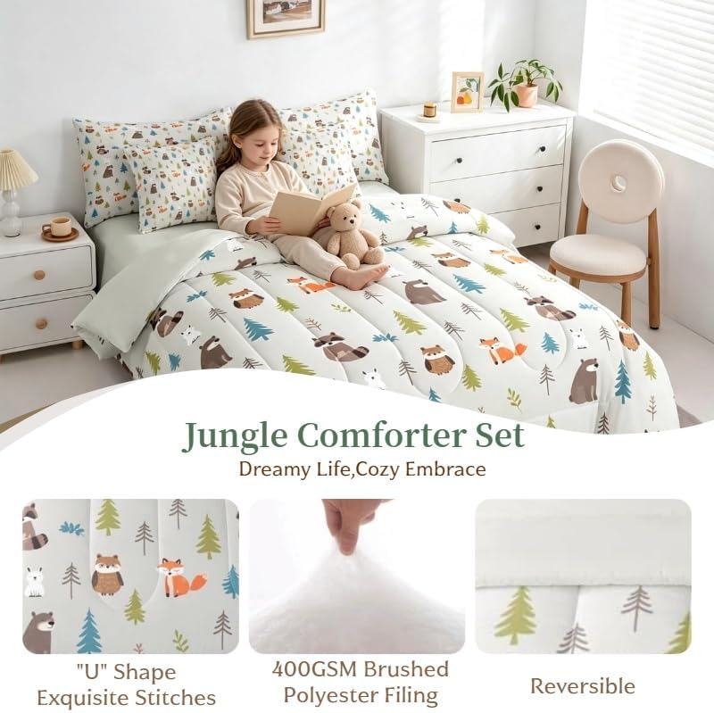 Erosebridal Woodland Animals 7 Piece Comforter Set Full for Nursery Child Bedroom | Cute Fox Bear Raccoon Bedding Set Wildlife Sheet Set Kids Cartoon Wild Animals Duvet Insert Botanical Trees Quilt