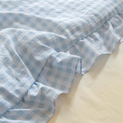 NSNLGSGC Light Blue Ruffle Gingham Comforter Set Queen, Pre-Washed Ruffled Plaid Checked Comforter Bedding, 3 Pieces Vintage Farmhouse Grid Bedding Set(Blue Gingham, Queen)
