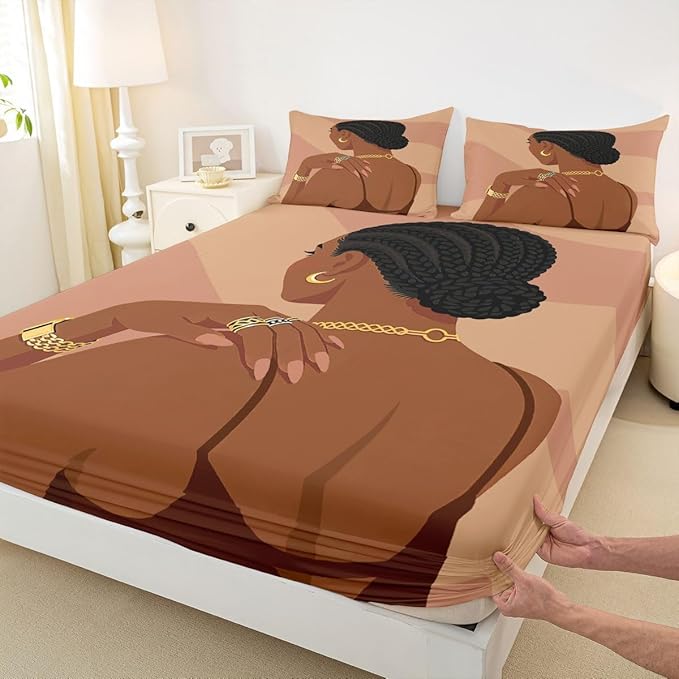 Erosebridal Fashion Black Woman Bedding Set Queen Size 3 Piece Romantic Makeup Themed Girls Bed Sheets Fashionable Gorgeous Fitted Sheet Vogue Afro Girls Sheets for Kids Teens Adult Bedroom