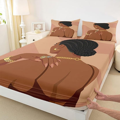 Erosebridal Fashion Black Woman Bedding Set Full Size 3 Piece Romantic Makeup Themed Girls Bed Sheets Fashionable Gorgeous Fitted Sheet Vogue Afro Girls Sheets for Kids Teens Adult Bedroom